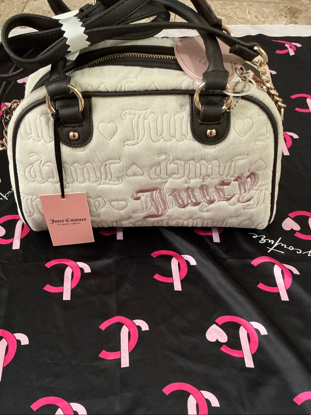 Juicy Couture velour cream and dark brown bowler satchel bag new with strap